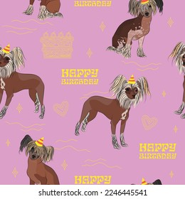 Happy Birthday Pattern with Chinese Crested dog in a party hat, seamless texture.Repeatable tiles, wrapping paper, fun pink background.Holiday wallpaper with line art cake and fancy elements.