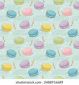 Happy Birthday pattern with colorful macarons and candles, vector pattern on blue background, with Happy Birthday text, soft pastel colors