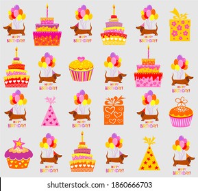 Happy Birthday! Pattern with cute cartoon dogs. Birthday gifts, cake, balloons, cupcake and party hats. Concept for wallpaper, wrapping paper, cards, textile, kid's print.  Vector Illustration