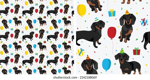 Happy Birthday Pattern with Dachshund dog in a party hat, seamless texture. Repeatable textile, wrapping paper, white background graphic design. Holiday wallpaper with sitting dogs, and confetti.