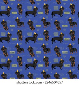 Happy Birthday Pattern with dachshund dog in a party hat, seamless texture.Repeatable tiles, wrapping paper, fun blue pink background.Holiday wallpaper with line art cake and fancy elements, Art deco.