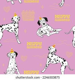 Happy Birthday Pattern with Dalmatian dog in a party hat, seamless texture.Repeatable tiles, wrapping paper, pink background.Holiday wallpaper with line art cake and fancy heart elements.