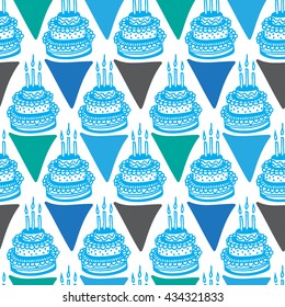 Happy Birthday pattern. Decorative vector hand drawn cake and triangles. Seamless colorful background