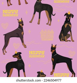 Happy Birthday Pattern with Doberman dog in a party hat, seamless texture.Repeatable tiles, wrapping paper, fun pink background.Holiday wallpaper with line art cake and fancy elements, Art deco.