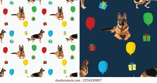 Happy Birthday Pattern with dogs and balloons, seamless texture. german shepherd, red fur, gift wallpaper present. Kids, children and dog lovers design. Vibrant colors, playful design, abstract.  