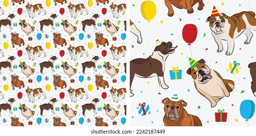 Happy Birthday Pattern with English Bulldog in a party hat, seamless texture. Repeatable textile, wrapping paper, white background graphic design. Holiday wallpaper with dogs, confetti. Funny art set.