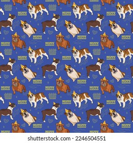 Happy Birthday Pattern with English Bulldog dog in a party hat, seamless texture.Repeatable tiles, wrapping paper, blue background.Holiday wallpaper with line art cake and fancy elements.