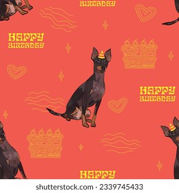Happy Birthday Pattern with English toy terrier in a party hat, seamless Holiday background with birthday elements icons. Repeatable tiles, wrapping paper, orange art deco wallpaper with line art cake