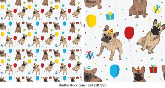 Happy Birthday Pattern with French Bulldog dog in a party hat, seamless texture.Repeatable textile, wrapping paper, white background graphic design. Holiday wallpaper with dogs, confetti.Funny animals