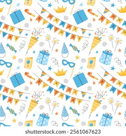 Happy Birthday pattern. Fun vector seamless background, repeated illustration with colorful bday party objects. Funny elements, joyful celebration print. Flat childish design.