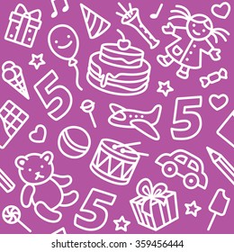 Happy birthday pattern with funny toys and number 5