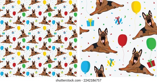 Happy Birthday Pattern with German Shepherd dog in a party hat, funny seamless texture. Repeatable textile, wrapping paper, white background graphic design. Holiday wallpaper with dogs, confetti. 