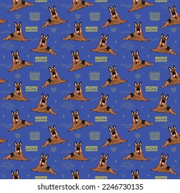 Happy Birthday Pattern with German Shepherd dog in a party hat, seamless texture.Repeatable tiles, wrapping paper, funny blue background.Holiday wallpaper with line art cake and fancy elements