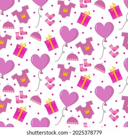 Happy birthday pattern for a girl. Balloons, dress, gift box. Vector illustration. For use in fabrics, prints, invitations, childrens parties, packaging, covers and flyers, shops.