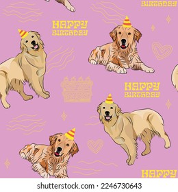 Happy Birthday Pattern with Golden Retriever dog in a party hat, seamless texture.Repeatable tiles, wrapping paper, funny pink background.Holiday wallpaper with line art cake and fancy elements.