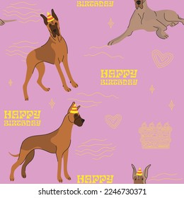 Happy Birthday Pattern with Great Dane dog in a party hat, seamless texture.Repeatable tiles, wrapping paper, icon pink background.Holiday wallpaper with line art cake and fancy elements, Art deco