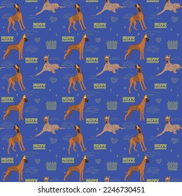 Happy Birthday Pattern with Great Dane dog in a party hat, seamless texture.Repeatable tiles, wrapping paper, icon blue background.Holiday wallpaper with line art cake and fancy elements, Art deco