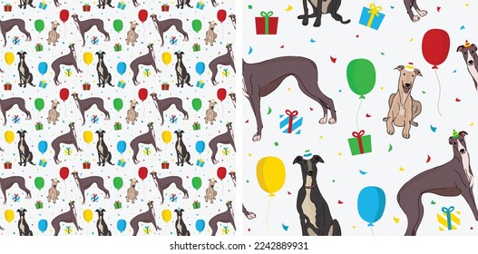 Happy Birthday Pattern with Greyhound dog in a party hat, seamless texture. Repeatable textile, wrapping paper, white background graphic design. Holiday wallpaper with sitting flat dogs, confetti