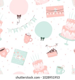 Happy Birthday pattern. Hand drawn romantic seamless pattern with cute birthday signs and symbols. Vector illustration background in pink blue, red and white colors