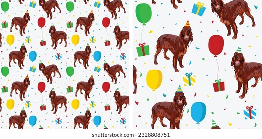 Happy Birthday Pattern with Irish setter dog in a party hat, seamless texture. Repeatable Birthday wrapping paper, white background with holiday elements. Stylish Wallpaper, present for dog lovers.