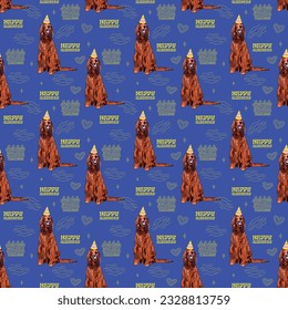 Happy Birthday Pattern with Irish setter dog in a party hat, seamless texture.Repeatable tiles, wrapping paper, blue background with Holiday elements, wallpaper with line art cake, and fancy icons.Art