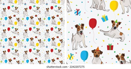 Happy Birthday Pattern with Jack Russell dog in a party hat, seamless texture. Repeatable textile, wrapping paper, white background graphic design. Holiday wallpaper with sitting dogs, and confetti.