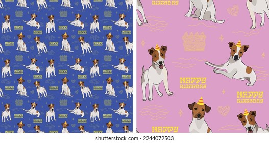 Happy Birthday Pattern with Jack Russell dog in a party hat, seamless texture.Repeatable tiles, wrapping paper, blue and pink background.Holiday wallpaper with line art cake and fancy elements, deco