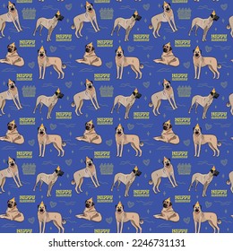 Happy Birthday Pattern with Kangal dog in a party hat, seamless texture.Repeatable tiles, wrapping paper, blue background.Holiday wallpaper with line art cake and fancy elements, Art deco.