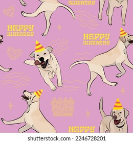 Happy Birthday Pattern with Labrador dog in a party hat, seamless texture.Repeatable tiles, wrapping paper, funny pink background.Holiday wallpaper with line art cake and fancy elements, Art deco.