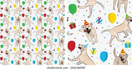 Happy Birthday Pattern with Labrador Retriever in a party hat, celebration seamless texture. Repeatable textile, wrapping paper, white background graphic design. Holiday wallpaper with dogs, confetti.