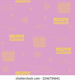 Patrón de cumpleaños feliz con pastel de arte de línea y elementos sofisticados, iconos de corazón, texto de HB. Textura sin fisuras de Art Deco.Baldosas repetibles, papel envolvente, fondo rosa de icono divertido.Papel tapiz de saludos de vacaciones.