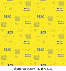 Patrón de cumpleaños feliz con pastel de arte de línea y elementos sofisticados, iconos de corazón, texto de HB. Textura sin fisuras de Art Deco.Baldosas repetibles, papel envolvente, fondo amarillo divertido.Papel tapiz de saludos de vacaciones.