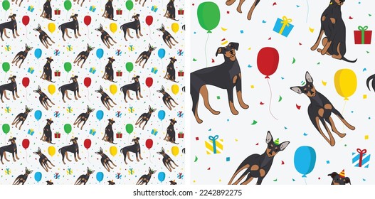 Happy Birthday Pattern with miniature Pinscher dog in a party hat, seamless texture. Repeatable textile, wrapping paper, white background graphic design. Holiday wallpaper with sitting dogs, confetti.