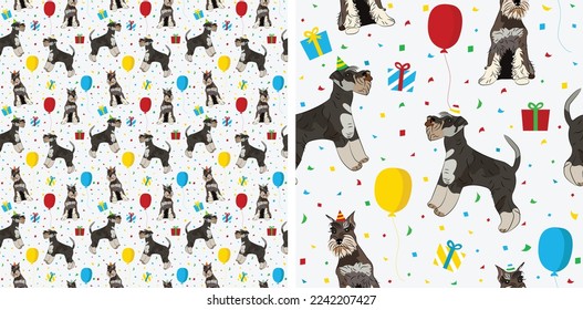 Happy Birthday Pattern with Miniature Schnauzer dog in a party hat, seamless texture. Repeatable textile, wrapping paper, white background graphic design. Holiday wallpaper with sitting dogs, confetti