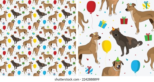 Happy Birthday Pattern with Mutt dog in a party hat, seamless texture. Repeatable textile, wrapping paper, white background graphic design. Holiday wallpaper with sitting mongrel dogs, confetti set.
