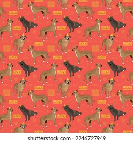 Happy Birthday Pattern with Mutt dog in a party hat, seamless texture.Repeatable tiles, wrapping paper, orange background.Holiday wallpaper with line art cake and fancy elements, Art deco.