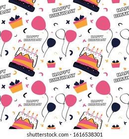 Happy birthday pattern on a white background whith the presents and balloons.