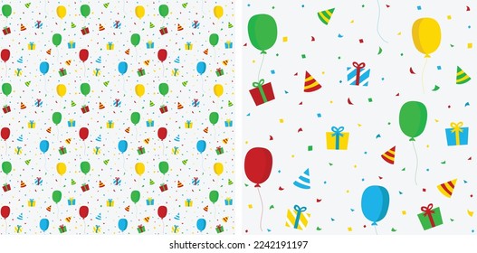 Patrón de cumpleaños feliz con sombreros de fiesta, confeti, regalos y globos. Textura sin inconvenientes. Textil repetible, papel envolvente, diseño gráfico de fondo blanco. Papel de pared de vacaciones, gráfico de niños divertidos.