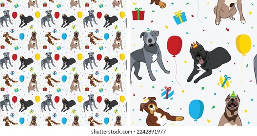 Happy Birthday Pattern with Pit Bull dog in a party hat, seamless texture.Repeatable textile, wrapping paper, white background graphic design.Holiday wallpaper with sitting paint dogs, confetti tiles.