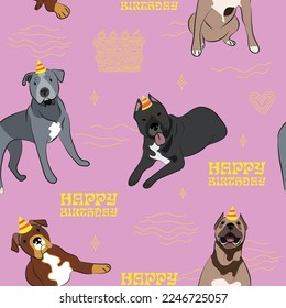 Happy Birthday Pattern with Pit Bull dog in a party hat, seamless texture.Repeatable tiles, wrapping paper,  pink background.Holiday wallpaper with line art cake and fancy elements, Art deco.