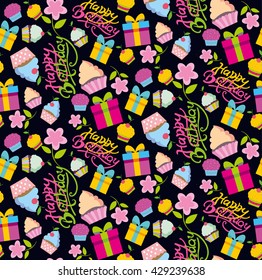 Happy birthday Pattern with present, cupcake and flower. 