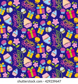 Happy birthday Pattern with present, cupcake and flower. 