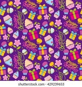 Happy birthday Pattern with present, cupcake and flower. 