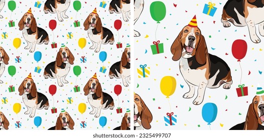 Happy Birthday Pattern with red Basset hound dog in a party hat, seamless texture. Repeatable textile, wrapping paper, white background graphic design. Holiday wallpaper with sitting hound dogs.