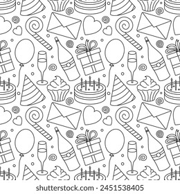 Happy birthday pattern. Seamless birthday background. Illustration with cake, gift box, party hat, balloons.