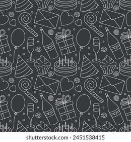 Happy birthday pattern. Seamless birthday background. Illustration with cake, gift box, party hat, balloons.