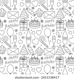 Happy birthday pattern. Seamless birthday background. Illustration with cake, gift box, party hat, balloons.