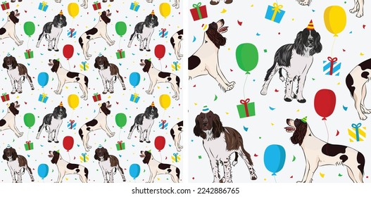 Happy Birthday Pattern with Springer Spaniel dog in a party hat, seamless texture. Repeatable textile, wrapping paper, white background graphic design. Holiday wallpaper with sitting dogs, confetti