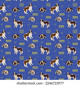 Happy Birthday Pattern with St Bernard dog in a party hat, seamless texture.Repeatable tiles, wrapping paper, blue background.Holiday vintage wallpaper with line art cake and fancy elements.