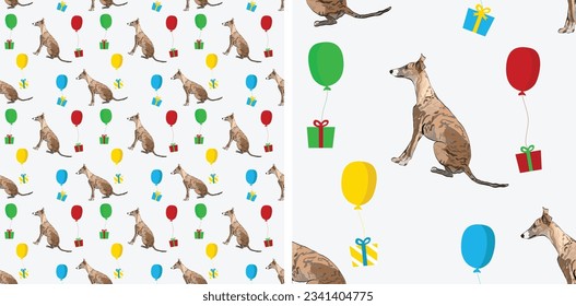 Happy Birthday Pattern with Whippet breed dogs and balloons, seamless texture. Repeatable textile, wrapping paper, white background graphic design. Holiday wallpaper with sitting cute dogs. Pet icons.